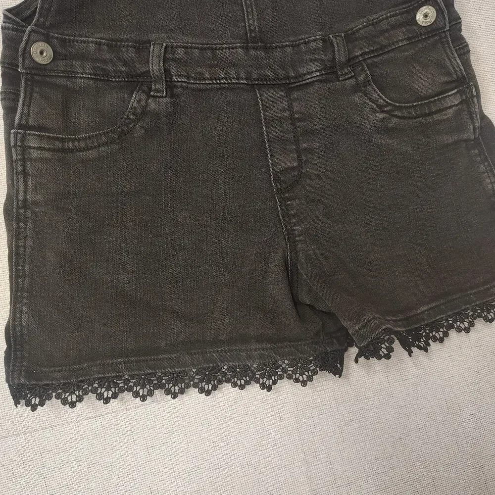 OshKosh B'gosh Girls 12 Black Denim Shortalls Overalls Lace Trim Y2K